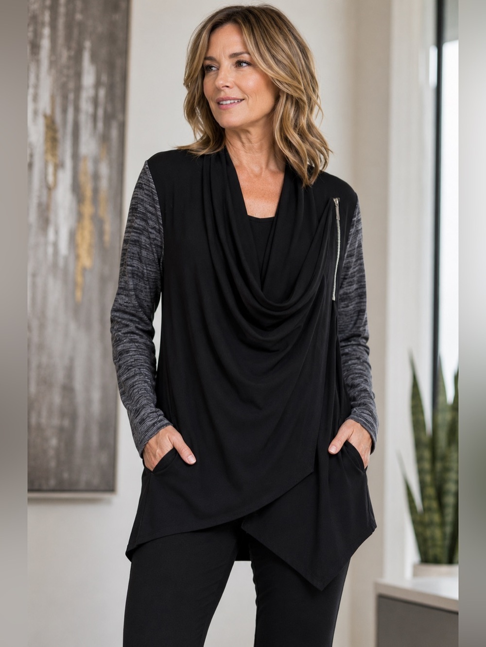 Sympli Black Draped Front Tunic Top with Heather Gray Sleeves Size 10 Pockets